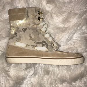 Tan and Gold Camouflage Women Sperry Boots